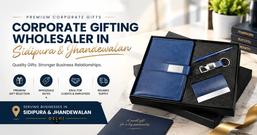Navy blue leather corporate gift set with pen, keychain and visiting card holder – corporate gifting wholesaler in Sidipura and Jhandewalan