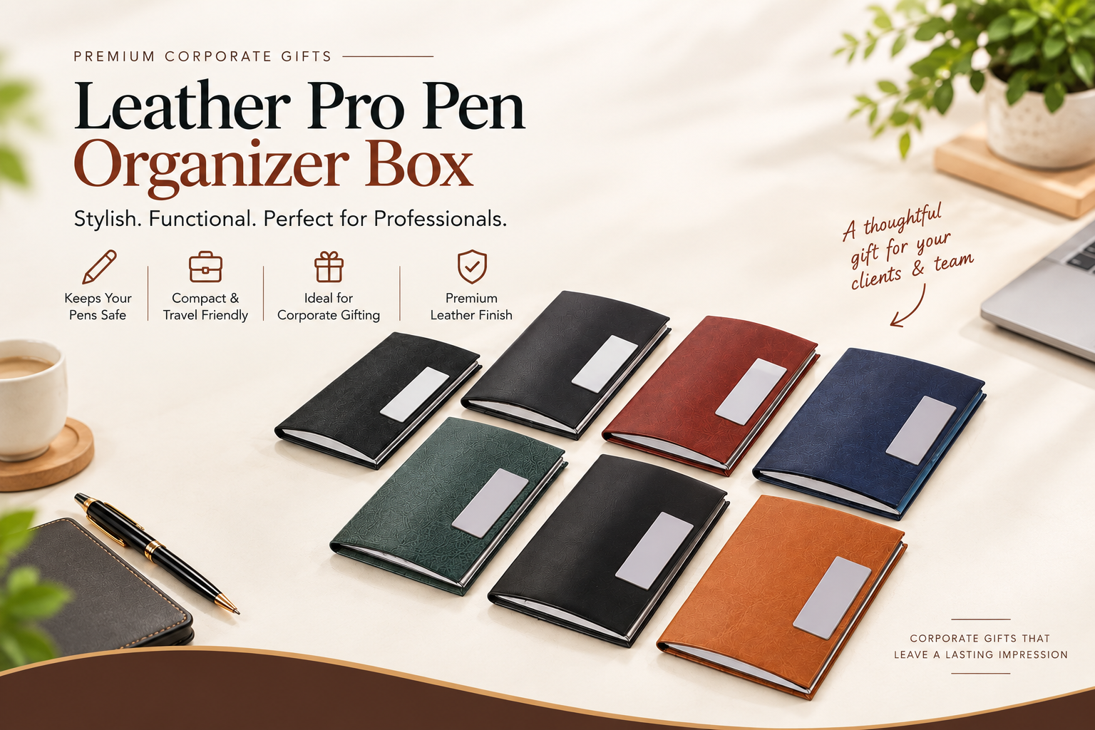Leather Pro Pen Organizer Box in 7 colours on an office desk – premium leather pen case for corporate gifting