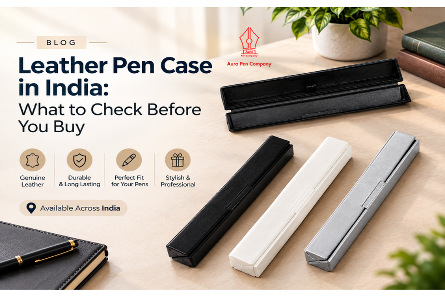 Black, white and grey Leather Pen Case India on a desk, a buyer's guide to choosing a leather pen case in India by Aura Pen Company