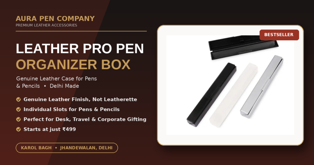 Leather Pro Pen Organizer Box in black, white, and silver finish by Aura Pen Company Delhi