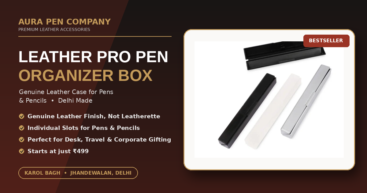 Leather Pro Pen Organizer Box in black, white, and silver finish by Aura Pen Company Delhi