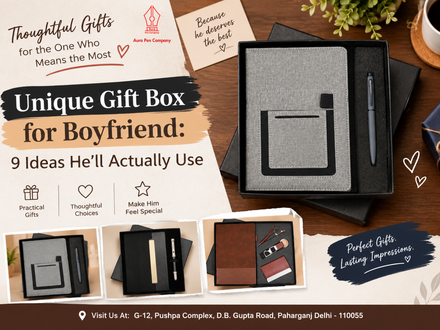 Unique gift box for boyfriend with grey diary, matte metal pen, keychain and card holder from Aura Pen Company Delhi