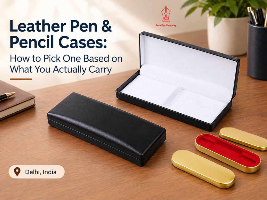 Black leather pen case with white lining beside gold pen tins, from Aura Pen Company, Delhi
