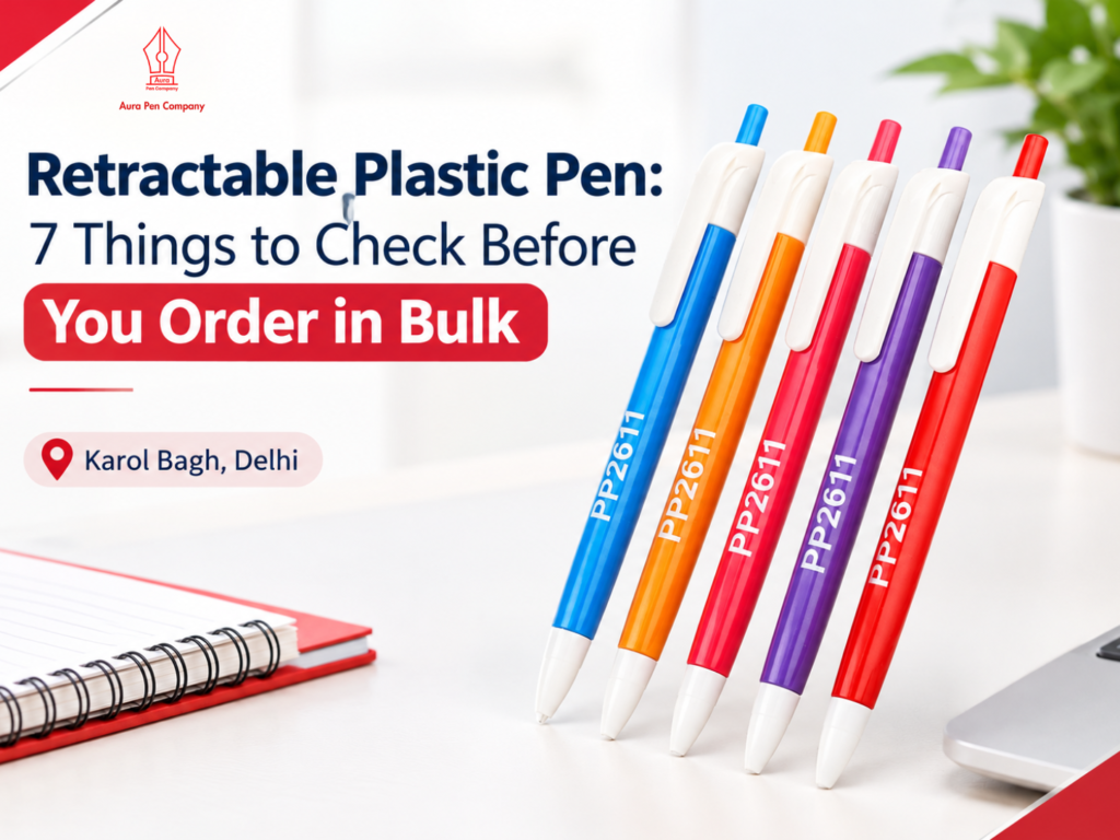 Current image: Five colourful retractable plastic pens, model PP2611, in blue, orange, pink, purple and red, from Aura Pen Company, Karol Bagh, Delhi