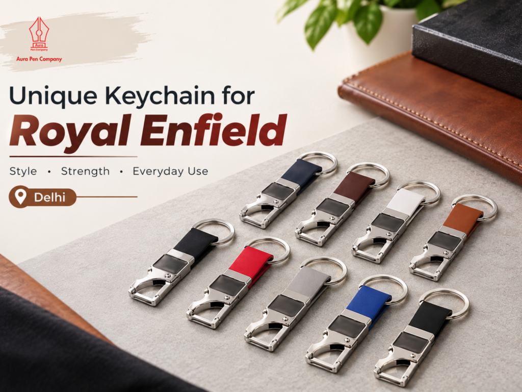 Current image: Unique keychain for Royal Enfield in leather and metal, shown in nine colours, by Aura Pen Company, Delhi