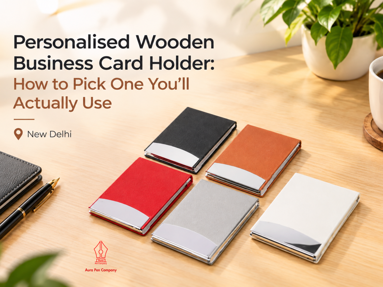 Personalised business card holders in black, tan, red, grey and white with silver engraving plates on a desk, Aura Pen Company, New Delhi